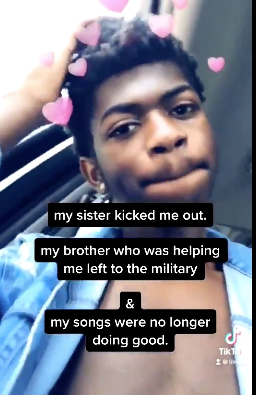 Lil Nas X on TikTok with the caption, &quot;My sister kicked me out. My brother who was helping me left to the military &amp;amp; my songs were no longer doing good&quot;