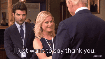 Leslie touching Joe Biden&#x27;s face and thanking him and calling him handsome in Parks and Recreation