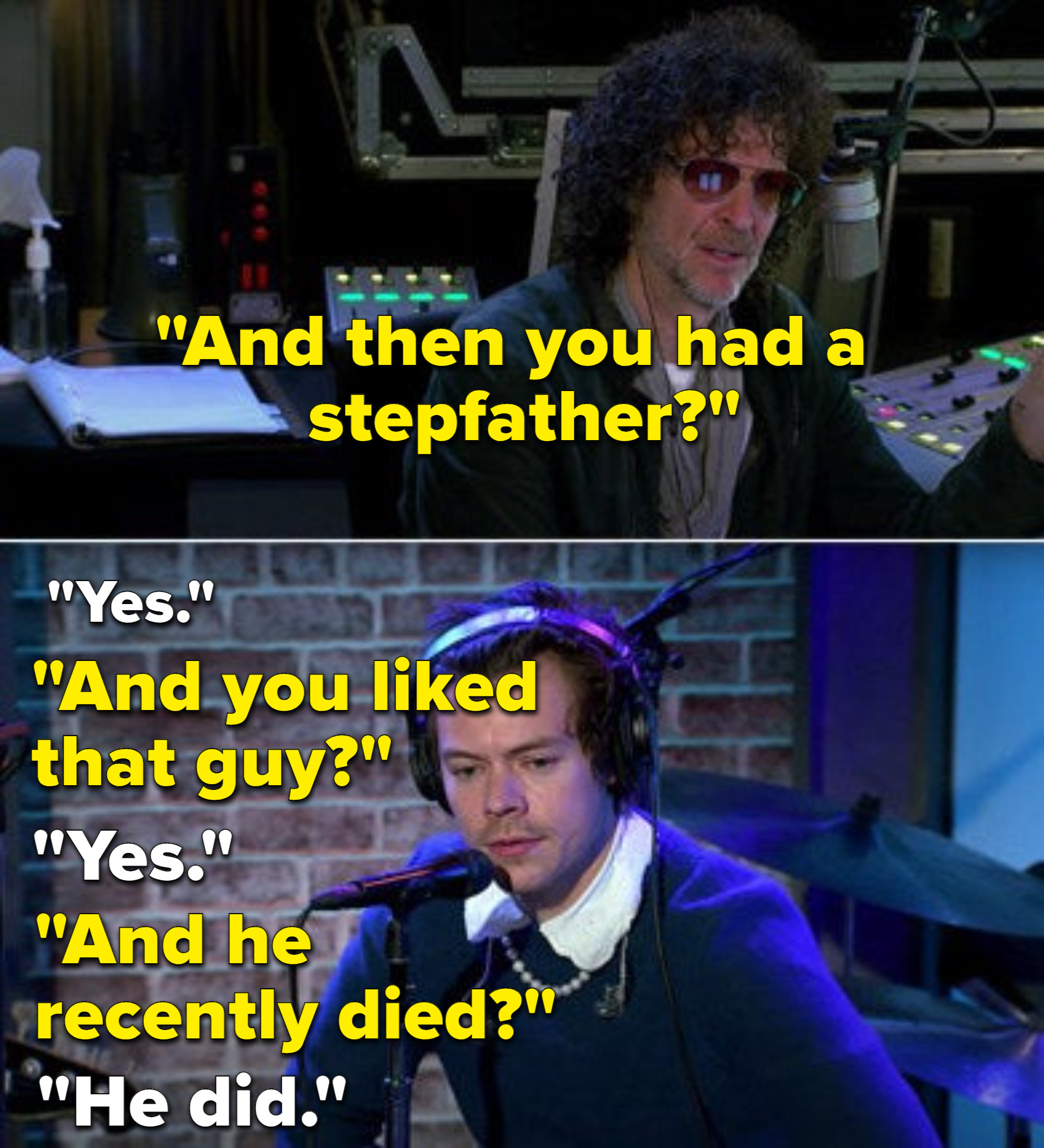 Howard Stern asking questions about Harry&#x27;s relationship to his father and dead stepfather