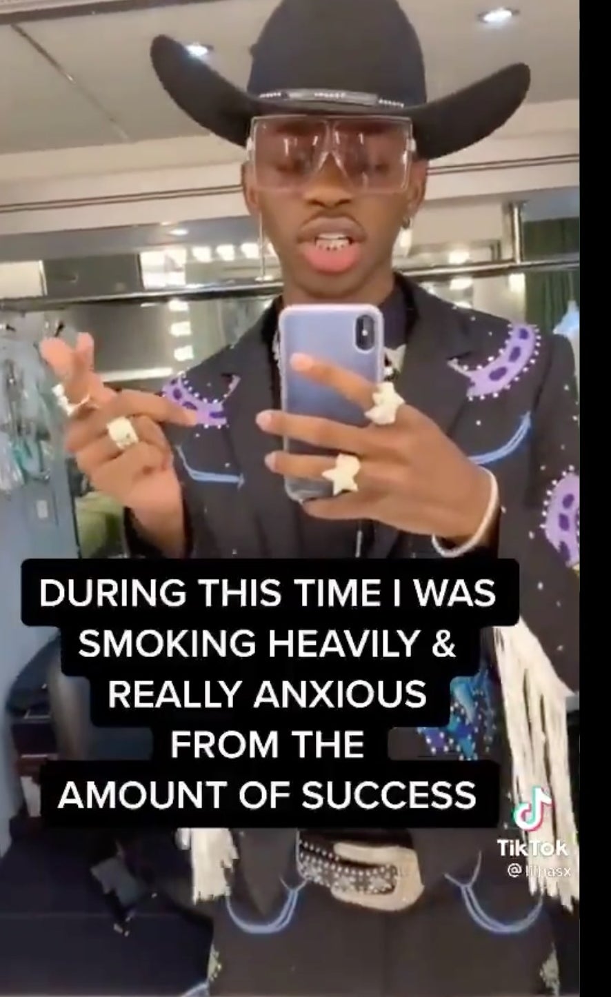 Lil Nas X on TikTok with the caption &quot;During this time I was smoking heavily &amp;amp; really anxious from the amount of success&quot;