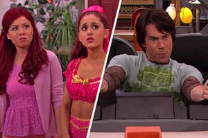 On the left, Sam and Cat from "Sam & Cat," and on the right, Spencer from "iCarly"