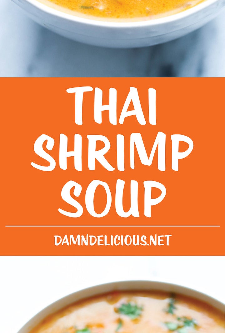 A bowl of creamy Thai shrimp curry soup.
