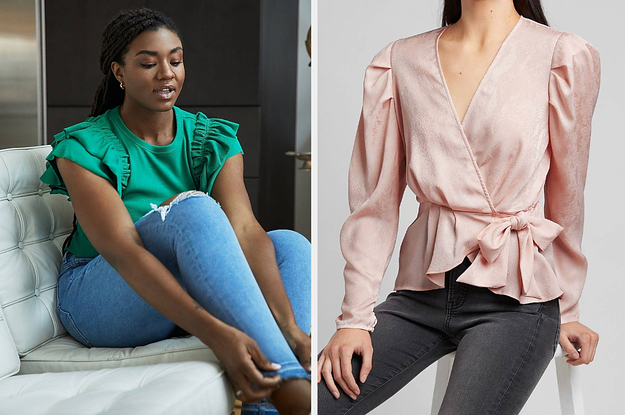 model in ripped skinny jeans and model in pink wrap top