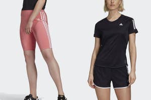 to the left: pink bike shorts, to the right: a model in a black adidas tee