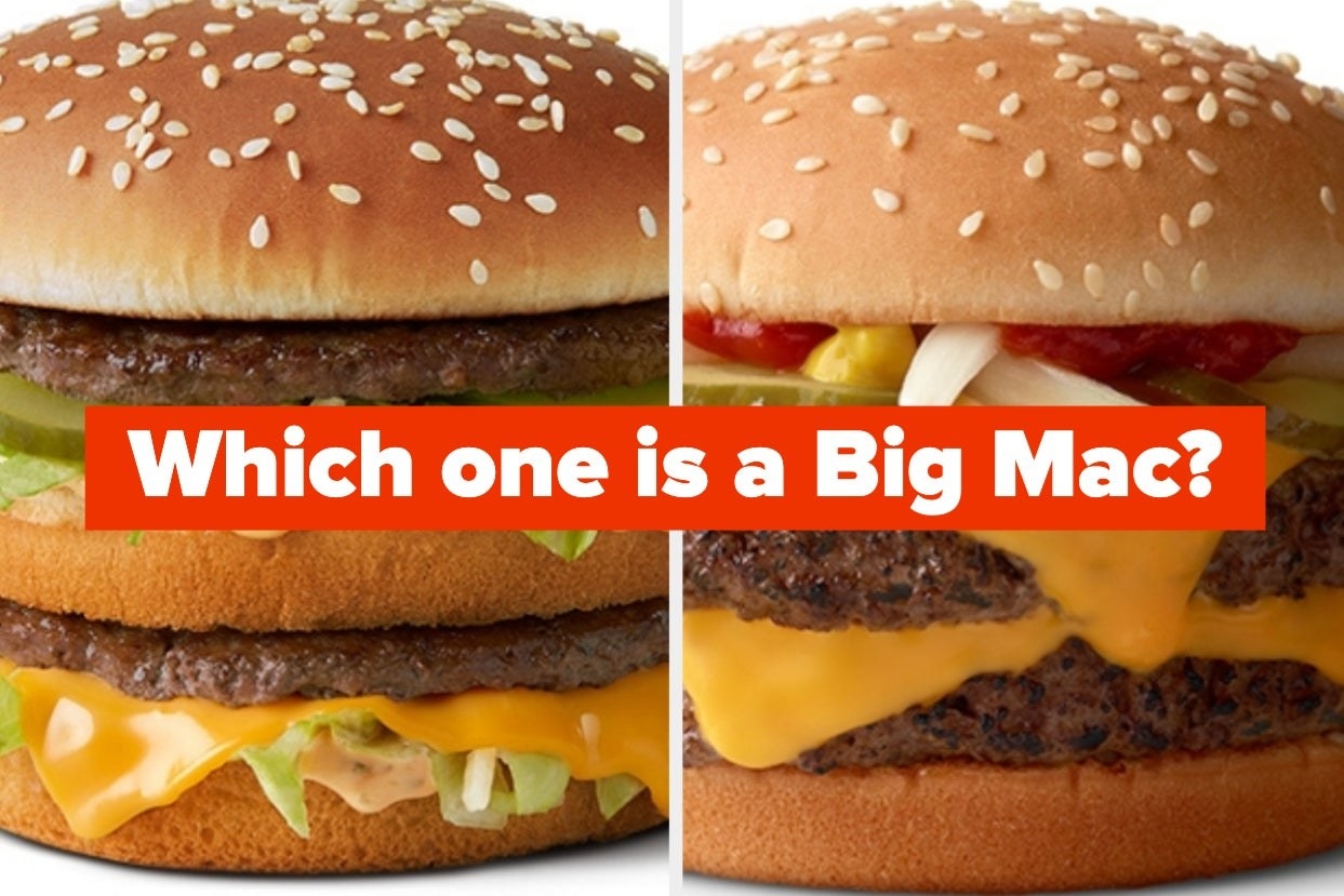 Two large burgers with cheese, pickles, lettuce, and patties with the words &quot;Which one is a Big Mac?&quot; 