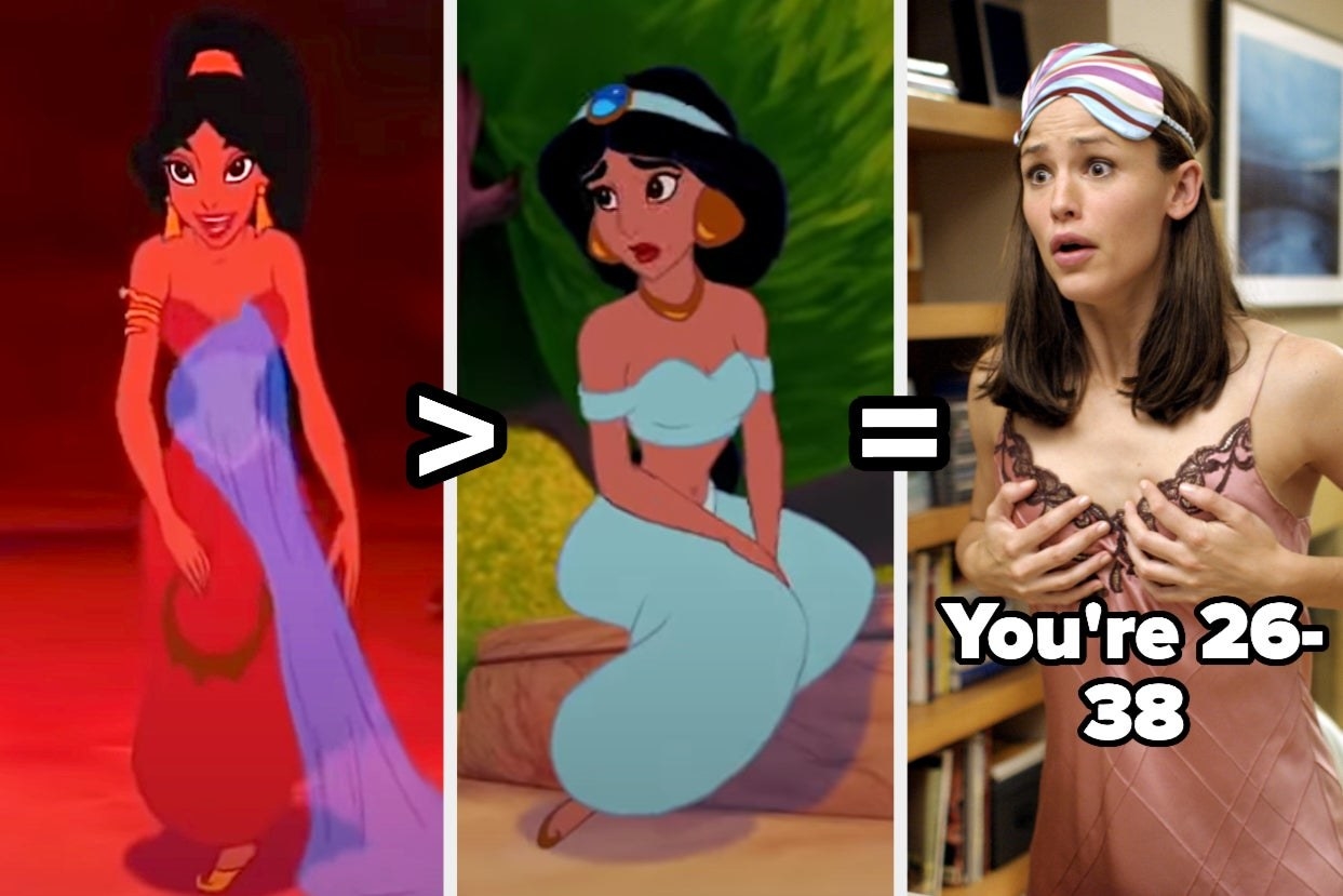 Jasmine in her harem pants and bikini top and arm cuff marked better than her original outfit that&#x27;s the same with off the shoulder sleeves, with an image of Jenna from 13 Going on 30 with the text &quot;you&#x27;re 26-38&quot;  