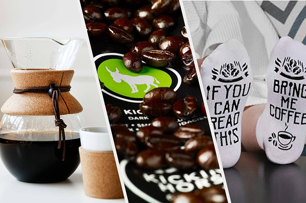 A glass carafe filled with coffee, A bunch of coffee beans spilled on top of the package they came in, A person wearing socks that say if you can read this bring me coffee