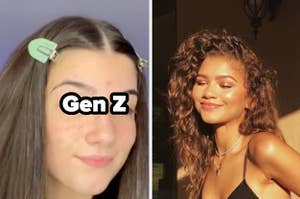 Charli with middle part with the word "Gen Z" and Zendaya smiling in the sun