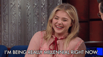 GIF of Chloë Grace Moretz saying, &quot;I&#x27;m being really millennial right now&quot; on &quot;The Late Show with Stephen Colbert&quot;