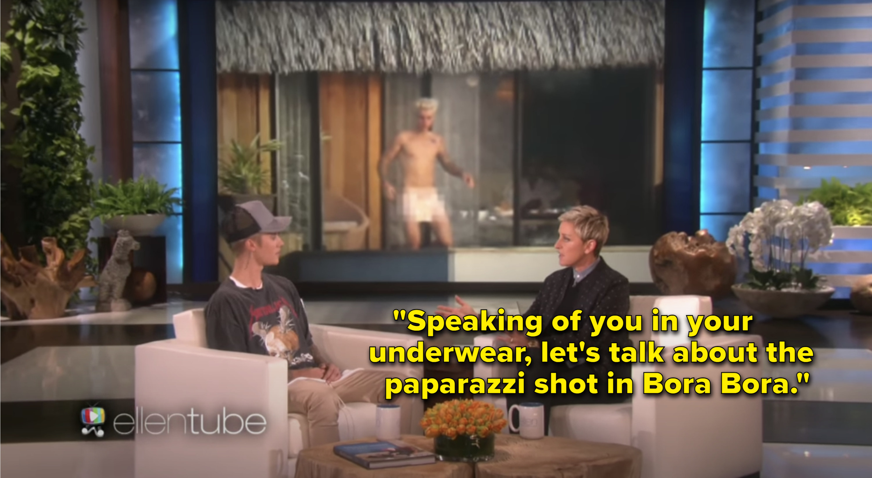 Ellen displaying Justin&#x27;s nude paparazzi photos and asking him about it. 
