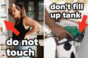 A stressed woman opening up a fridge next to a hand pumping gas