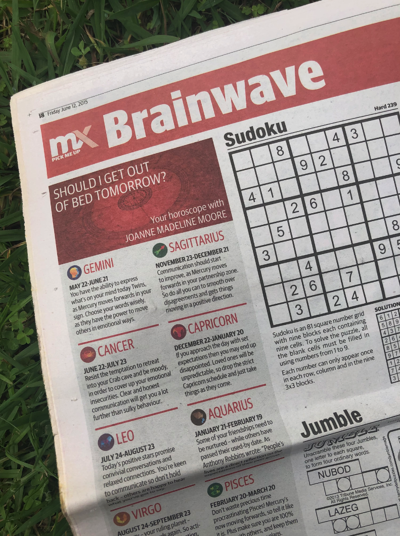 A photo of mX&#x27;s &quot;Brainwave&quot; section featuring horoscopes, puzzles and sudoku 