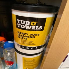 a reviewer tub of cleaning wipes