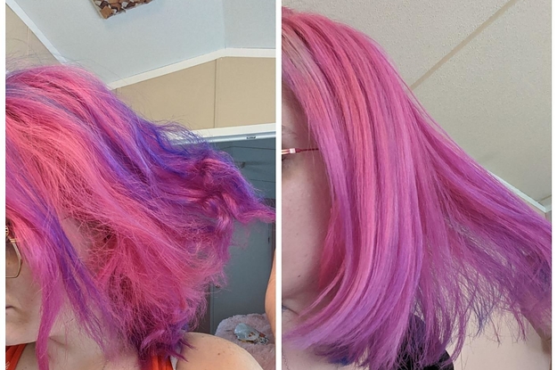 reviewer's before-and-after of their dyed hair looking frizzy and split compared to it looking smooth and even