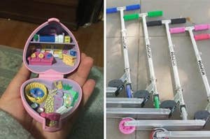 Hand holding a Polly Pocket game and Razor Scooters lying on the ground