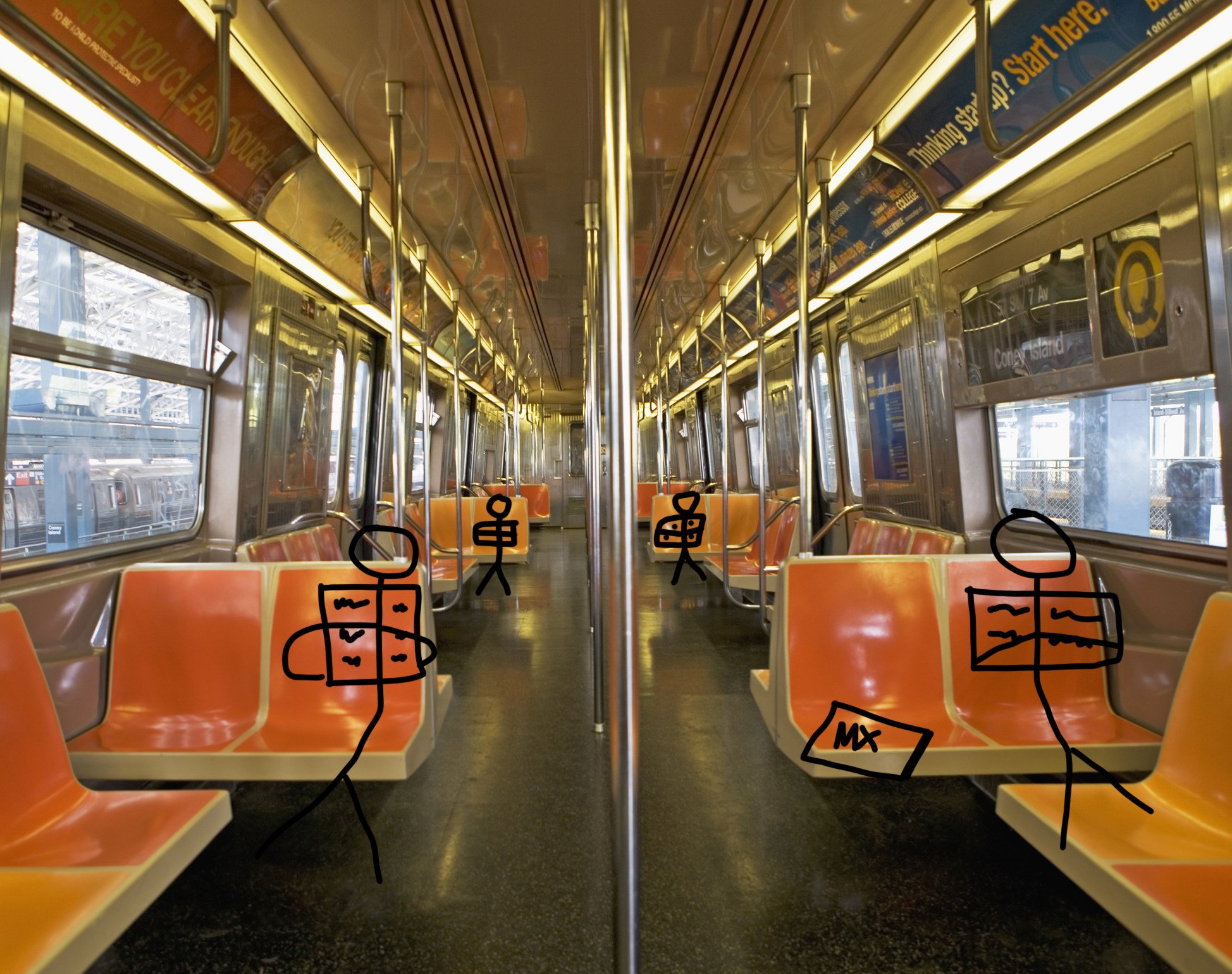 A stock image of train carriage with stick people sitting down on the seats and reading mX