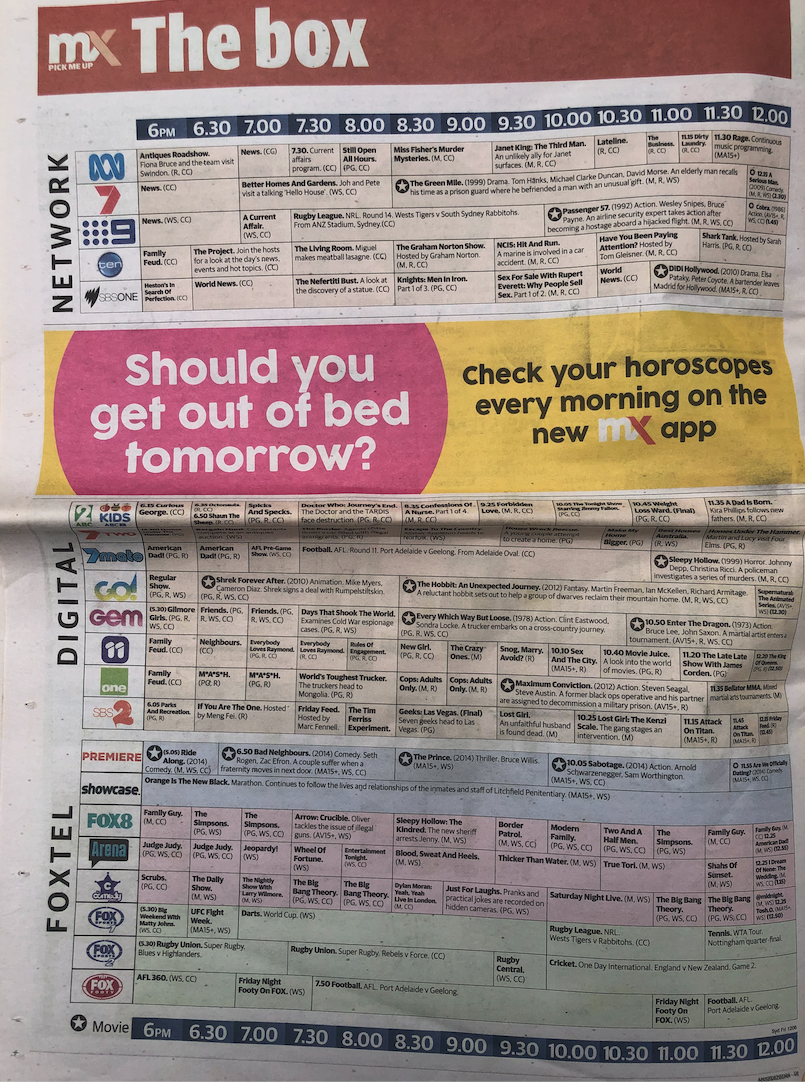 A photo of the TV guide as seen in an mX newspaper