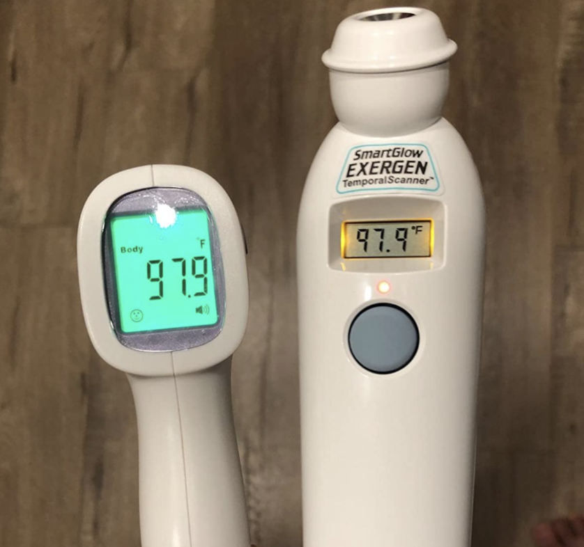 A reviewer&#x27;s thermometer next to a rectal thermometer that shows the same result
