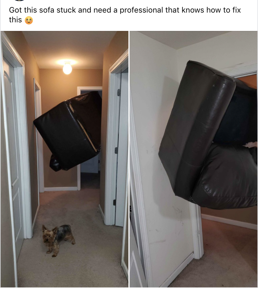 A couch is stuck half in the doorway of a room