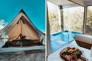 A beautiful  tent with a bright sky behind next to an indoor spa with a cheese and meat platter