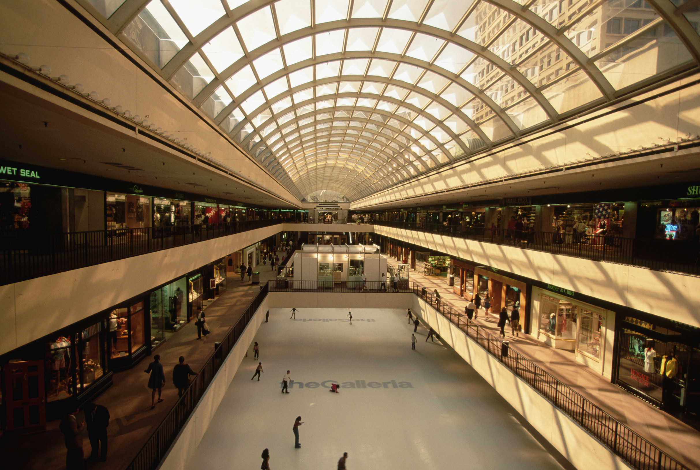 A photo from the third level of Houston&#x27;s The Galleria looking down on the skating rink