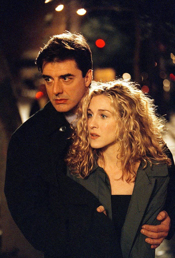 Chris Noth with his arms around Sarah Jessica Parker on the set of &quot;Sex and the City&quot;