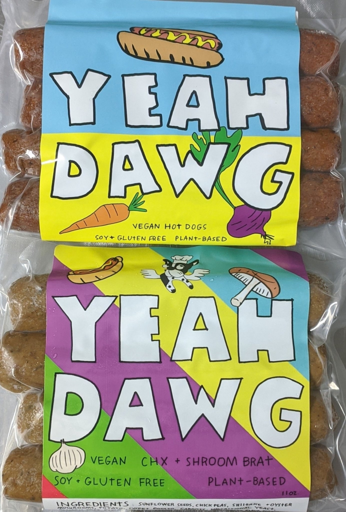 two packs of sausages with colorful packaging 