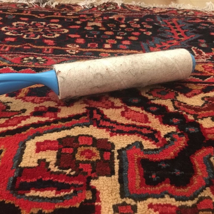 same reviewer showing their rug rid of dog hair after using the large lint roller