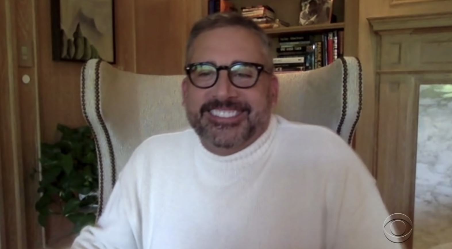 Steve Carell wearing glasses and a sweater at his home as a guest on &quot;Late Night with Stephen Colbert&quot;