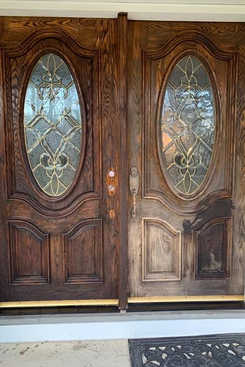 reviewer photo showing a dramatic before and after of their front doors 