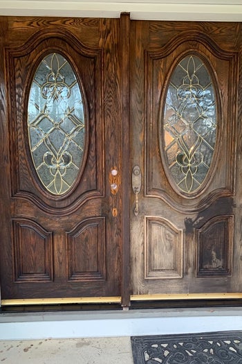 reviewer photo showing a dramatic before and after of their front doors 