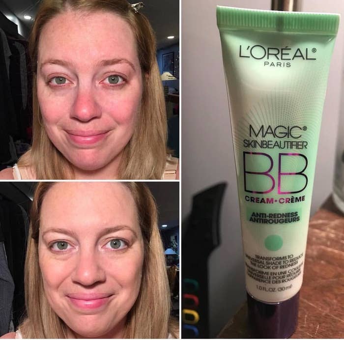 Reviewer photo showing before and after of using L&#x27;Oreal Magic Skin Beautifier BB Cream