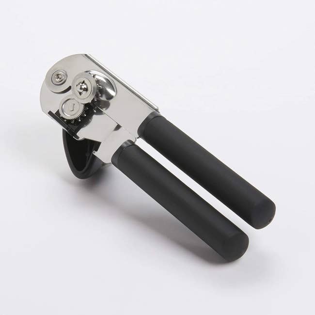 the black and stainless steel handheld can opener