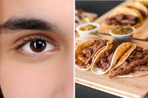 A man with brown eyes is on the left with an assortment of tacos on the right