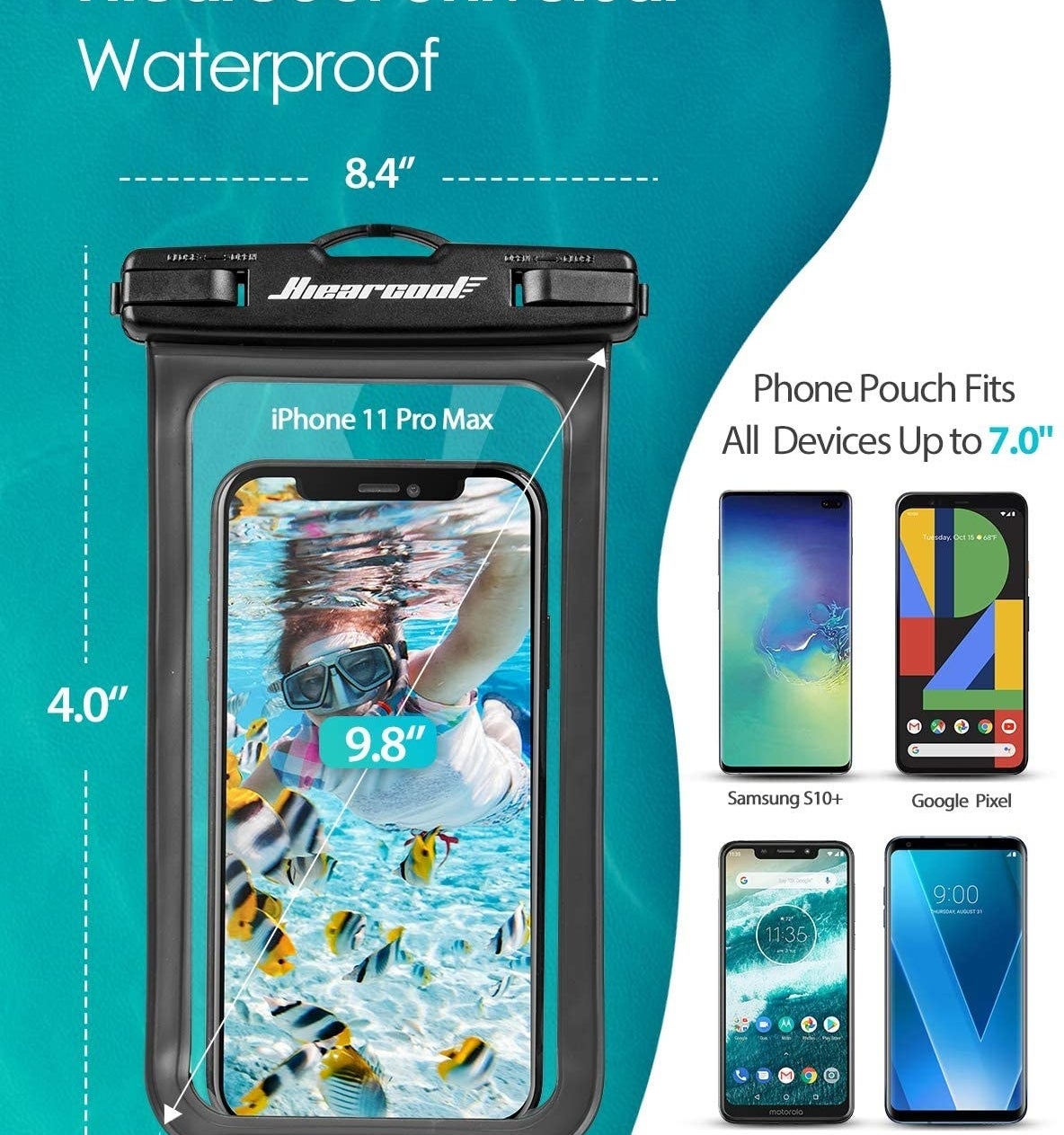 Black edged transparent bag with a phone in side of it showing an underwater image 