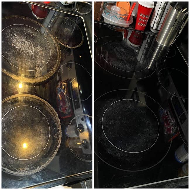 A customer review before and after photo of their stovetop, showing it is completely cleaned after using the cleaning kit 