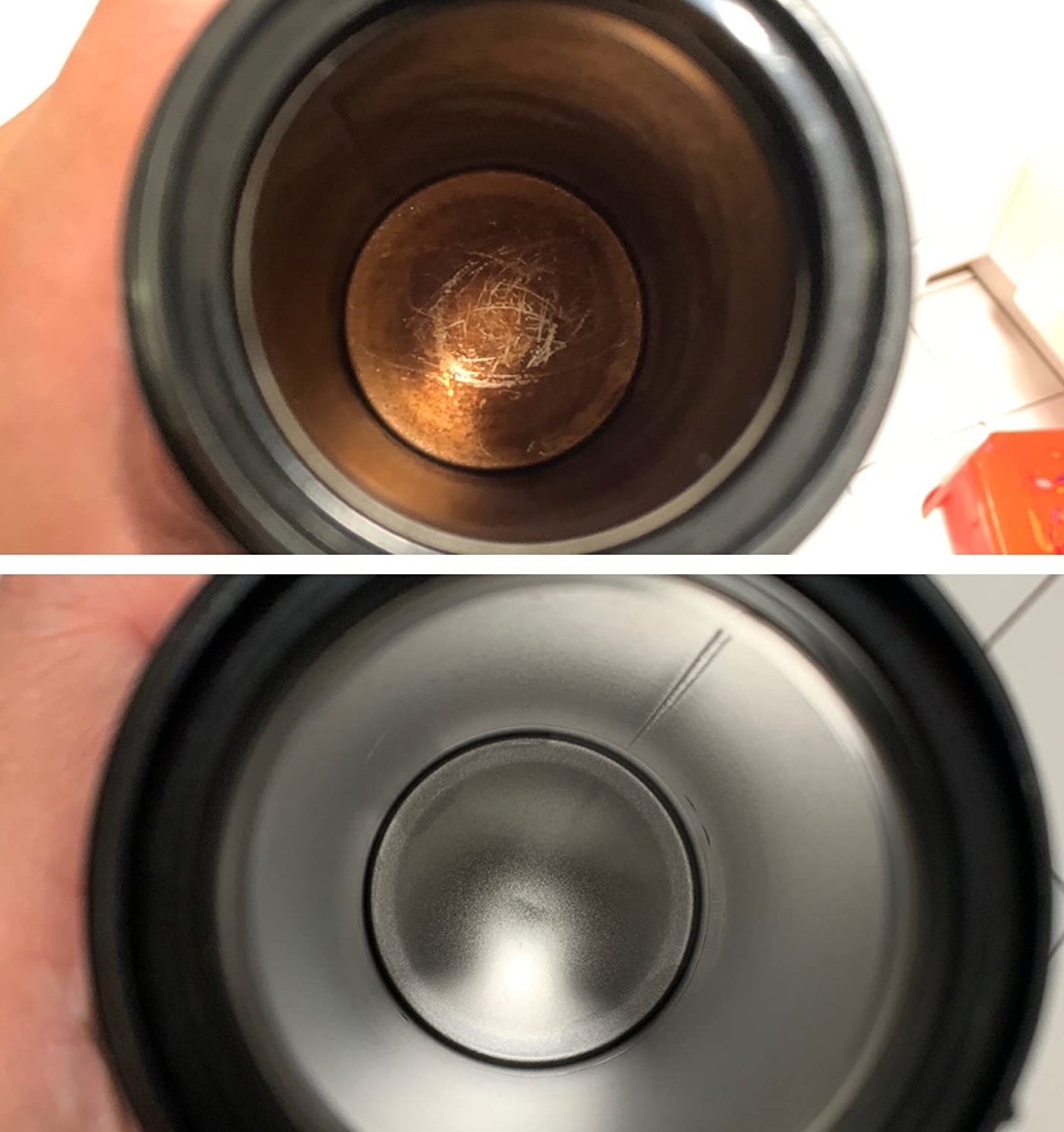 before and after photo of reviewer&#x27;s travel mug, showing it is completely cleaned and restored after using the tablets