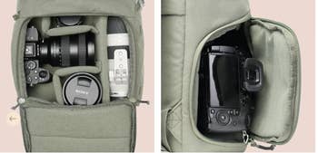 Closeup image showing pockets for camera, lenses, and more 