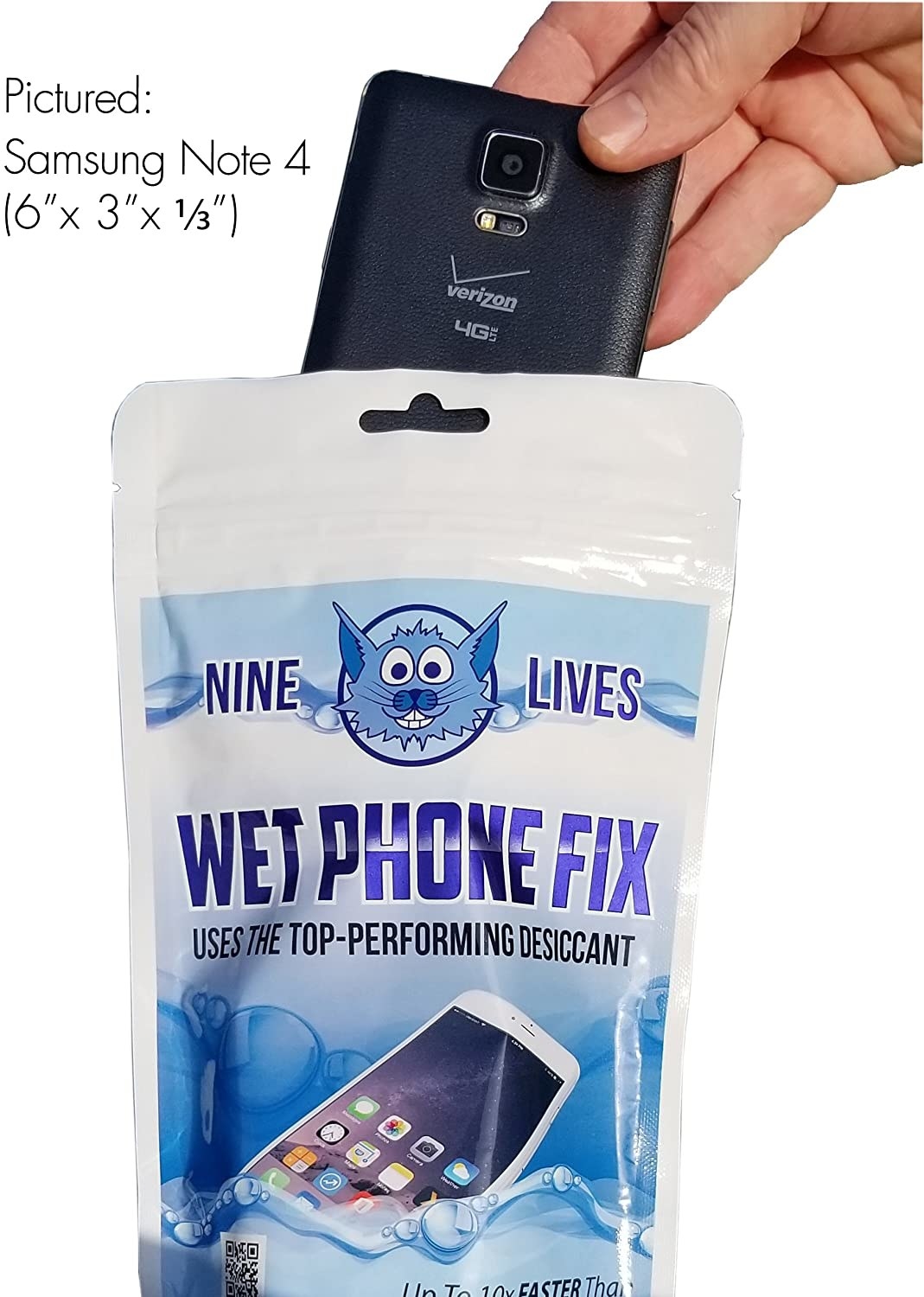 Model putting a samsung phone into a small white bag called &quot;wet phone fix&quot; 