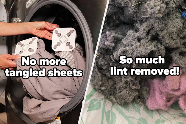 L: Wad-free pads on bedsheets to prevent them from tangling in the dryer R: Huge pile of lint removed from the dryer