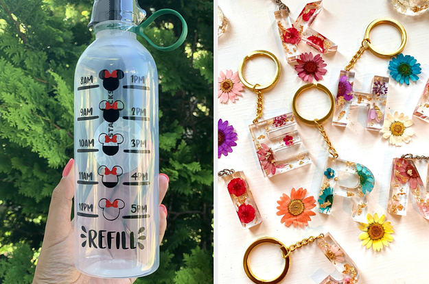 a disney water bottle and floral resin letter keychains
