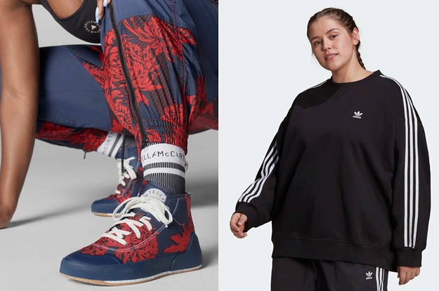 patterned Stella McCartney sneakers and a model wearing a black tracksuit