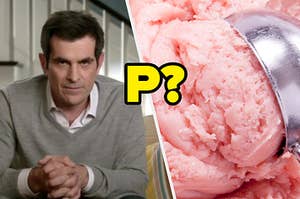 Phil Dunphy on the left and a scoop of strawberry ice cream on the right with the letter p in between them