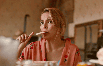 Vilanelle from &quot;Killing Eve&quot; licking food from a spatula.