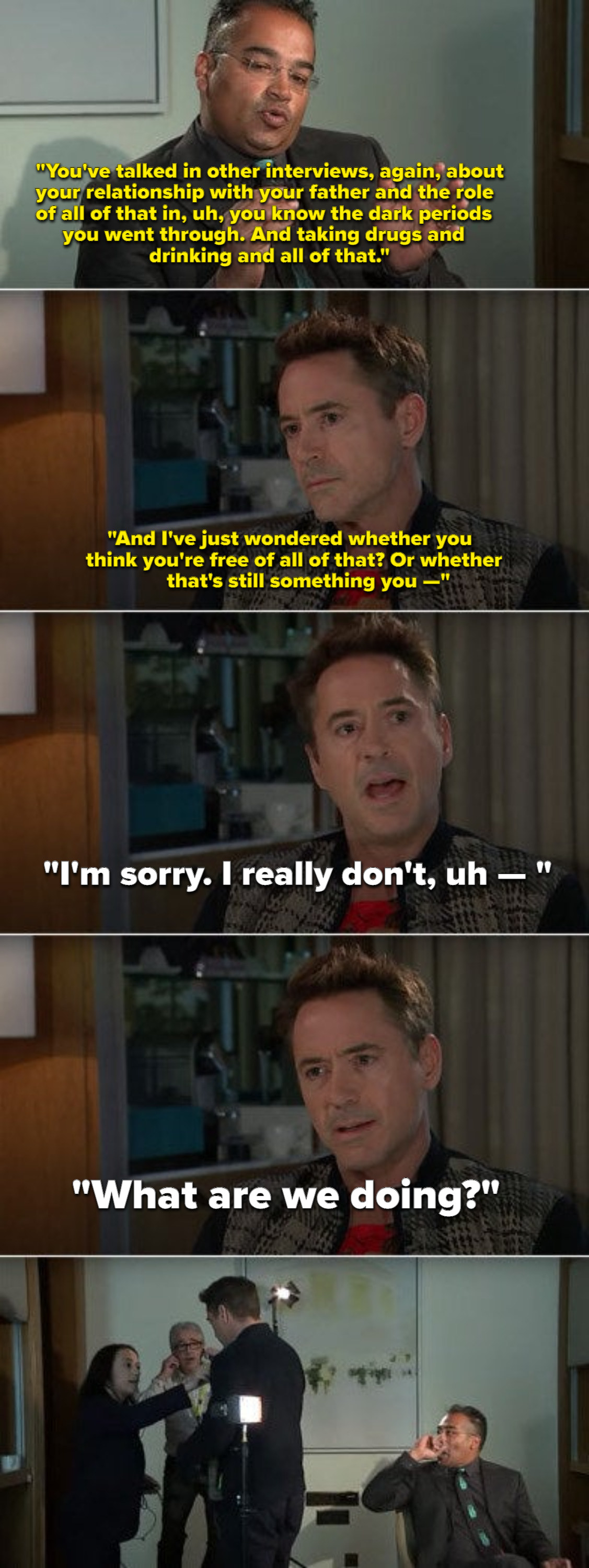 Robert Downey Jr. leaving an interview after being asked about his addiction and relationship with his father