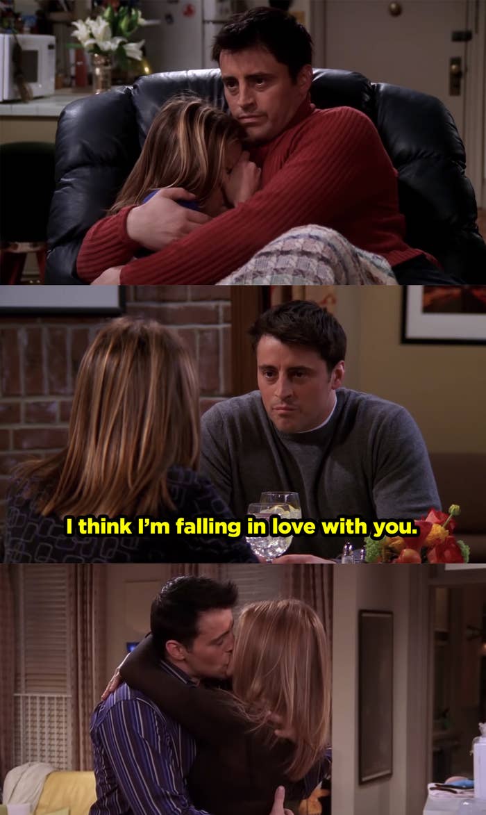 Joey holding Rachel when she's scared, then Joey telling Rachel he's falling in love with her, and then Rachel and Joey kissing