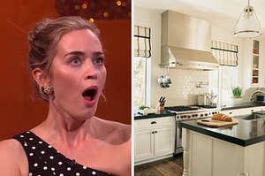 On the left, Emily Blunt opening her mouth wide in surprise, and on the right, a modern kitchen with a tile backsplash, gas stove, kitchen island with a sink, and plenty of natural light