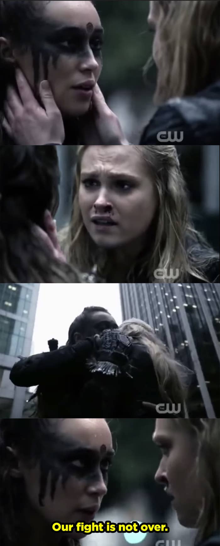 Lexa saves Clarke and they hug then Lexa says, &quot;Our fight is not over.&quot;