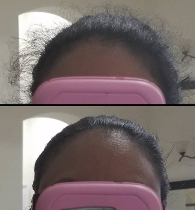 reviewer with hair pulled back and tons of hair wisps, then after with it looking smooth thanks to the product
