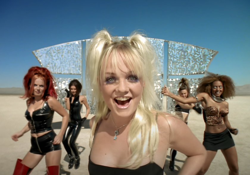 A screenshot from Spice Girls&#x27; Say You&#x27;ll Be There music video of them in the desert 